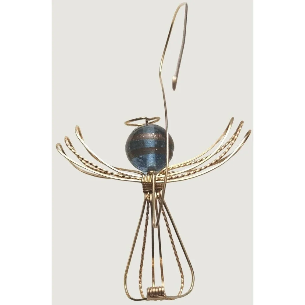 Handcrafted Wire Angel Ornament Blue Gold Glass Bead Head Vintage Christmas Tree